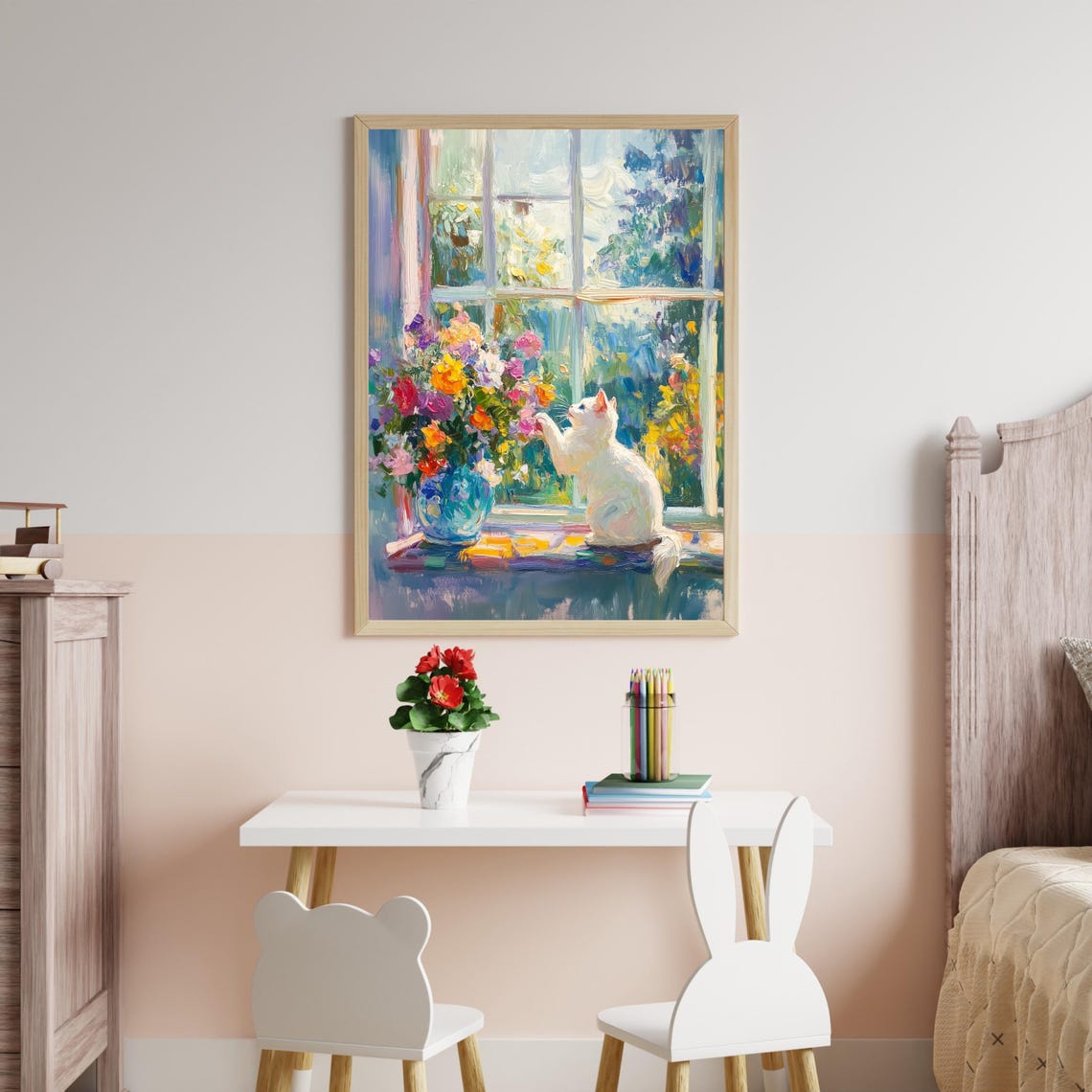 White Cat with Colorful Flowers Window Impressionist Oil Poster - Image 2