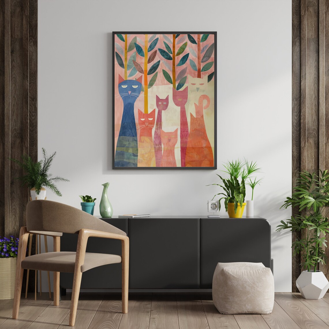 Colorful Cat Wall Art Oil Painting Trendy Cute Apartment Decor Cat Poster Colorful Cat Poster Illustration Art Preppy Room Decor - Image 3