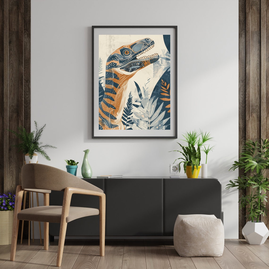 Friendly Orange Stylized Dinosaur Head in Tropical Leaves Poster - Image 2