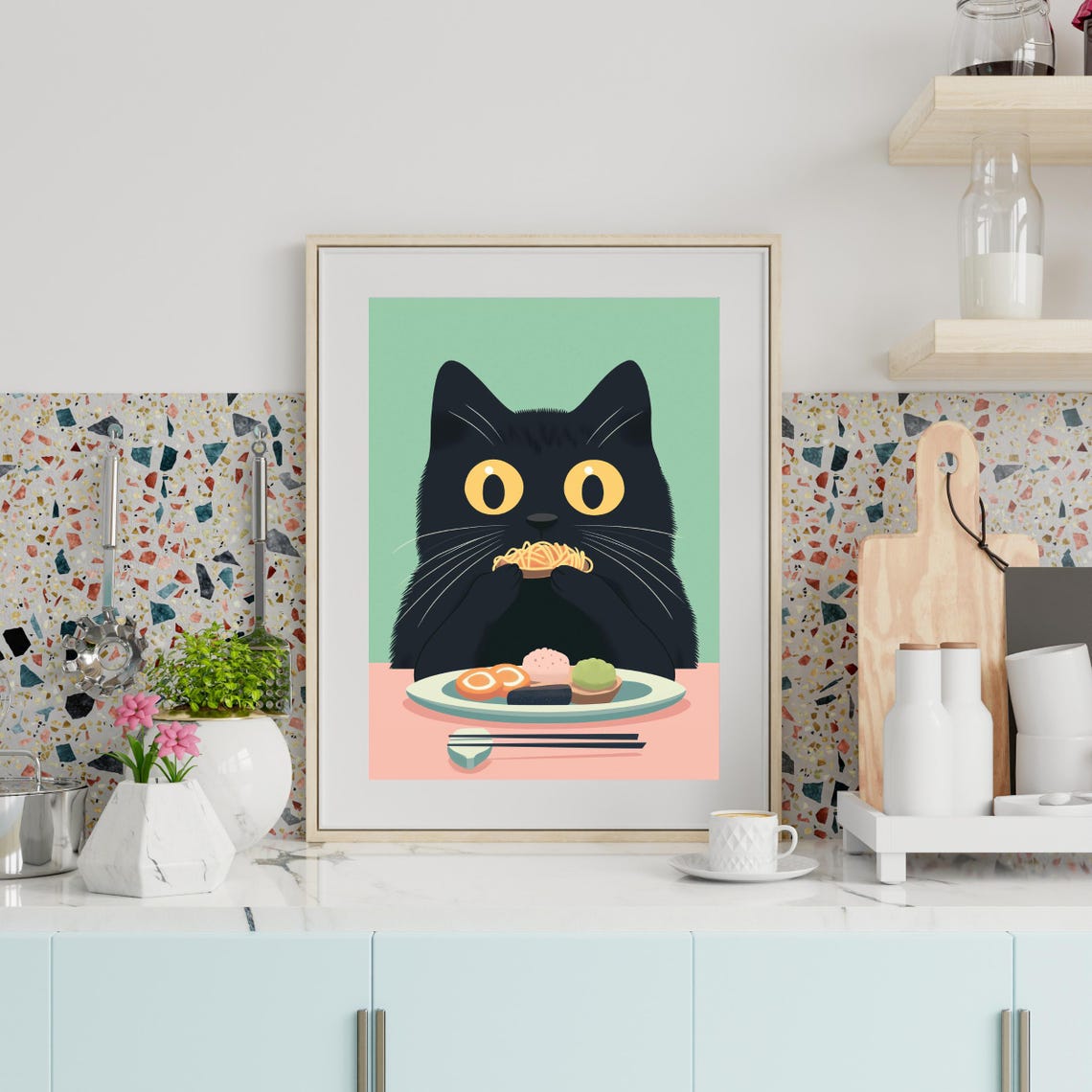 Black Cat Eating Sushi Cute Japanese Food Kitchen Decor Poster - Image 3