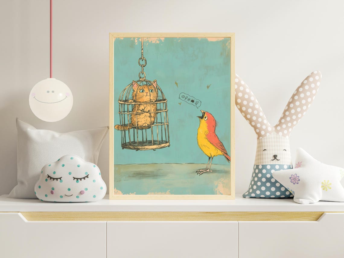 Naughty Orange Cat Trapped In A Birdcage Teasing The Bird Poster - Image 2