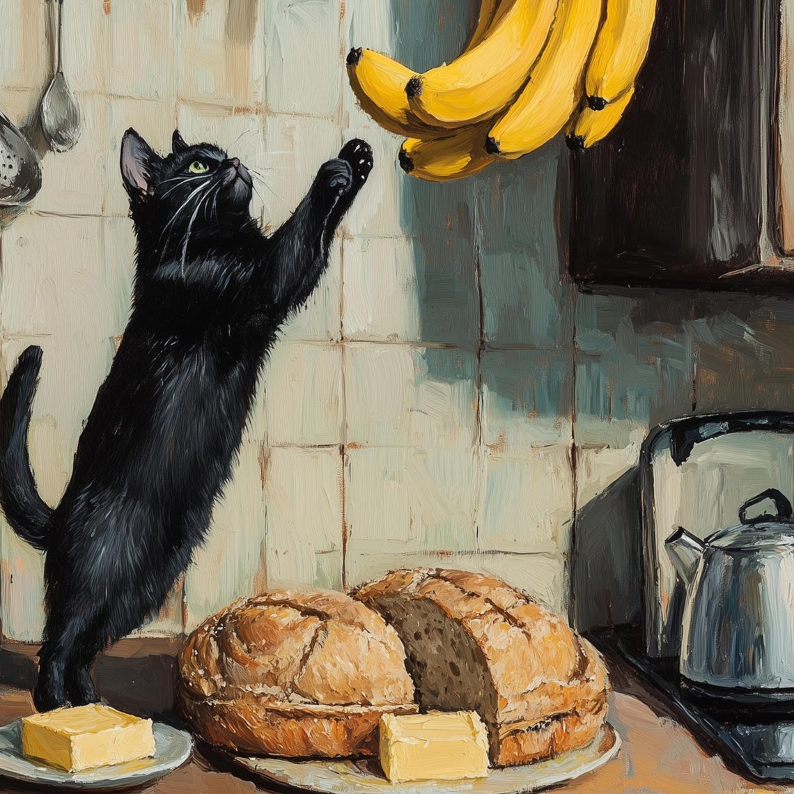 Mischievous Black Cat Reaching For Bananas Rustic Kitchen Poster - Image 3