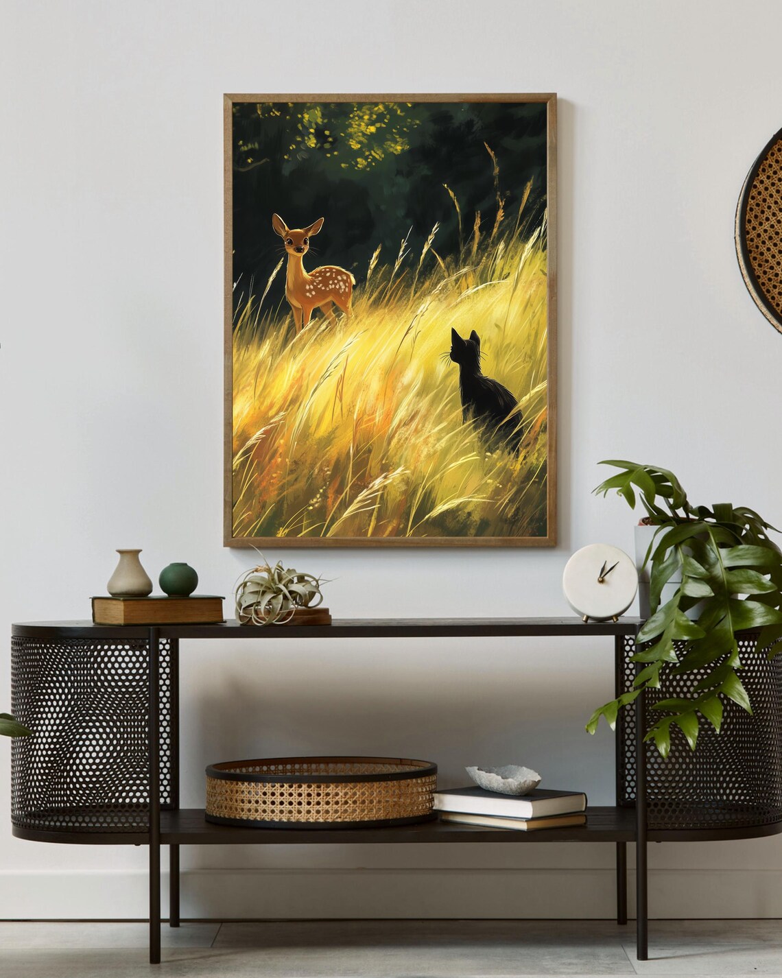 Black Cat And Fawn Poster Golden Wheat Field Wildlife Friendship Art - Image 2
