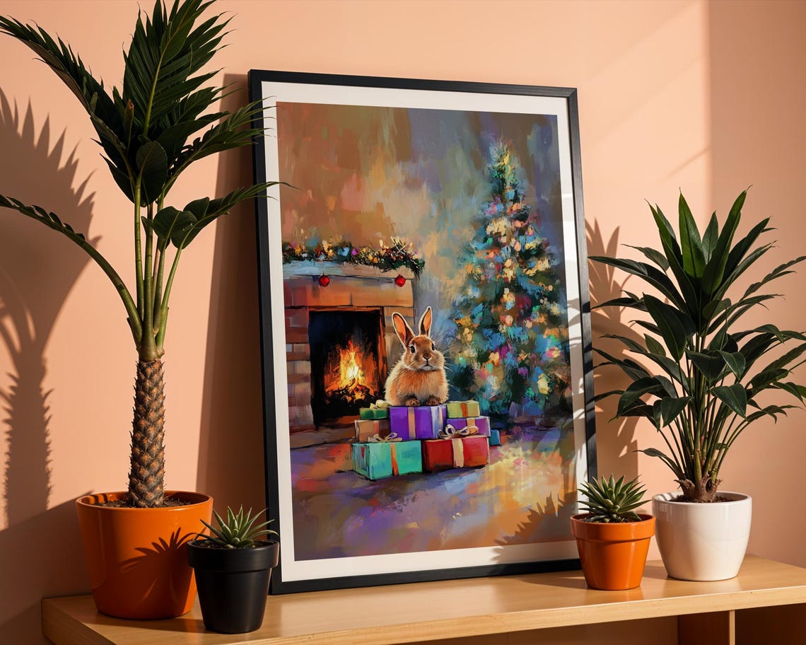 Cute Bunny Christmas Poster Gifts Fireplace Holiday Rabbit Decor Art - Image 2