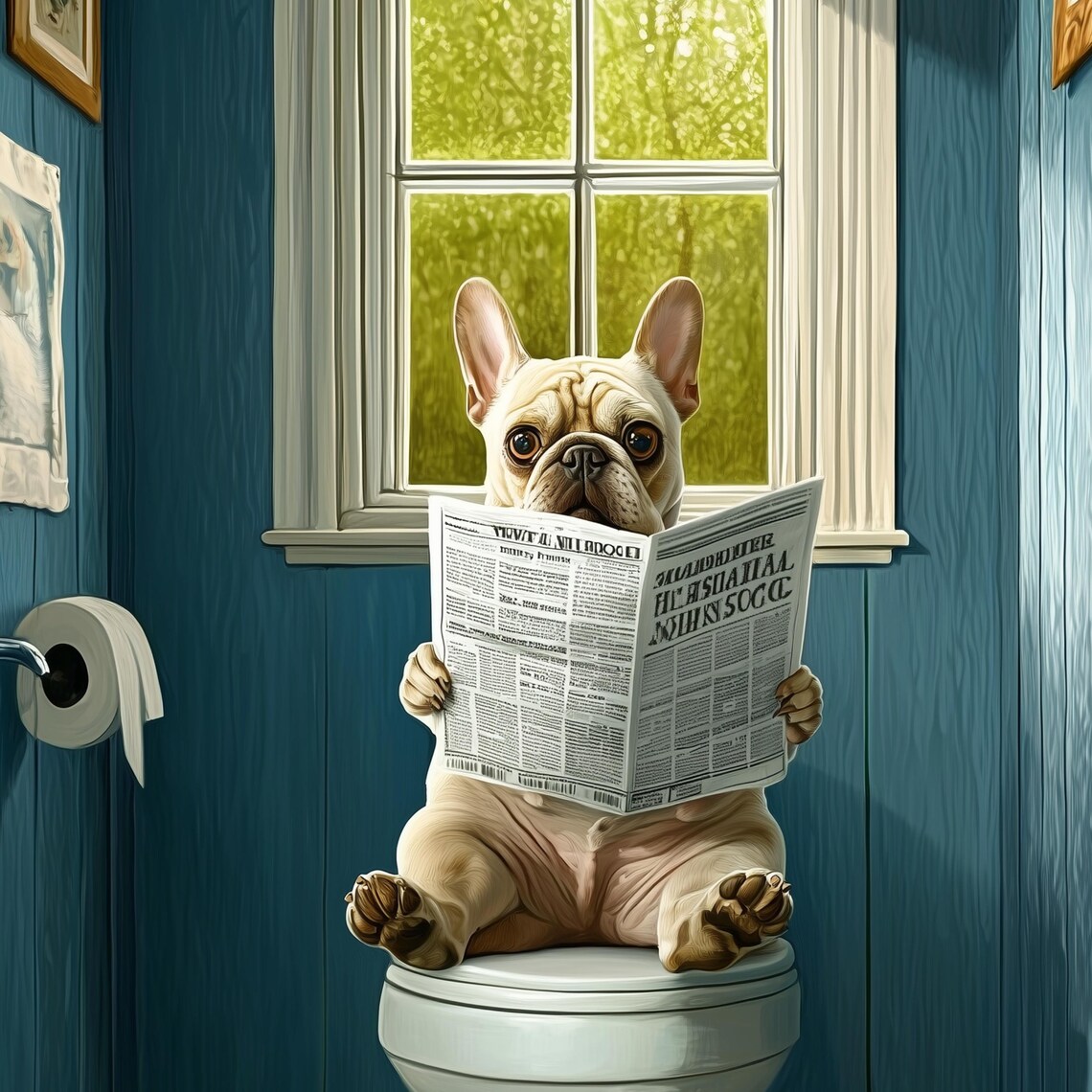 Funny French Bulldog Reading a Newspaper on the Toilet Poster - Image 3