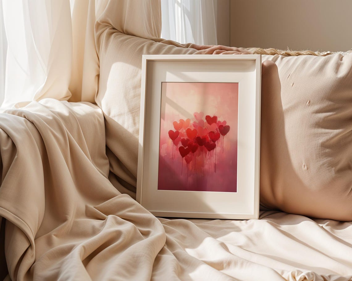 Abstract Dripping Red Hearts Painting In Romantic Pink Tones Poster - Image 2