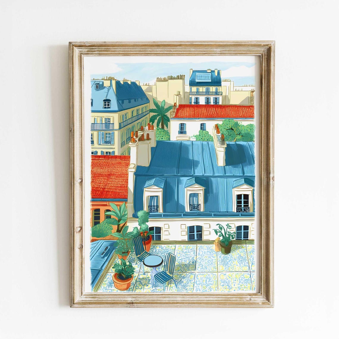 Parisian Rooftop Terrace Watercolor with Blue Roofs and Plants Poster