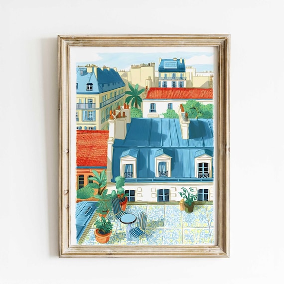 Parisian Rooftop Terrace Watercolor with Blue Roofs and Plants Poster