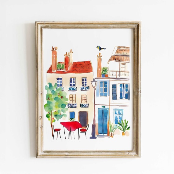 Paris Watercolor Print Unique Handmade Decor French Street Scene Wall Art Charming Parisian Caf Illustration Vintage Home Office