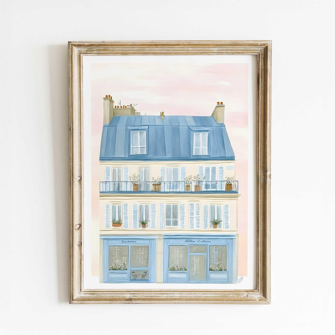 Parisian Facade Watercolor Poster with Blue Roof and Shuttered Windows