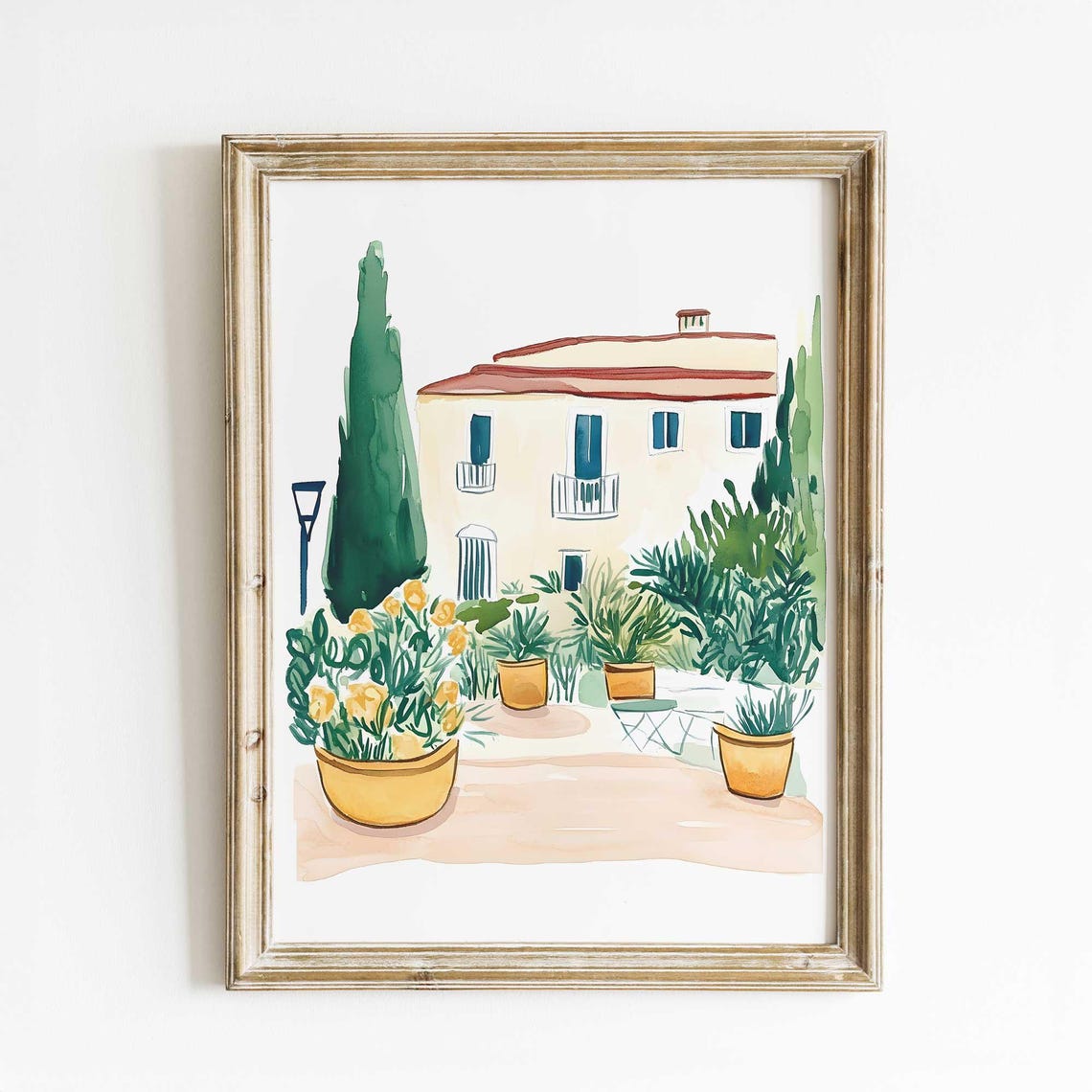 Tuscany Villa Cypress Trees Garden Watercolor Italian Wall Art