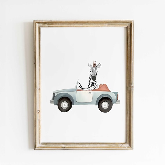 Zebra In A Car Watercolor Print Safari Animal Nursery Wall Art For Baby Room Jungle Theme Decor Playful Unique Handmade