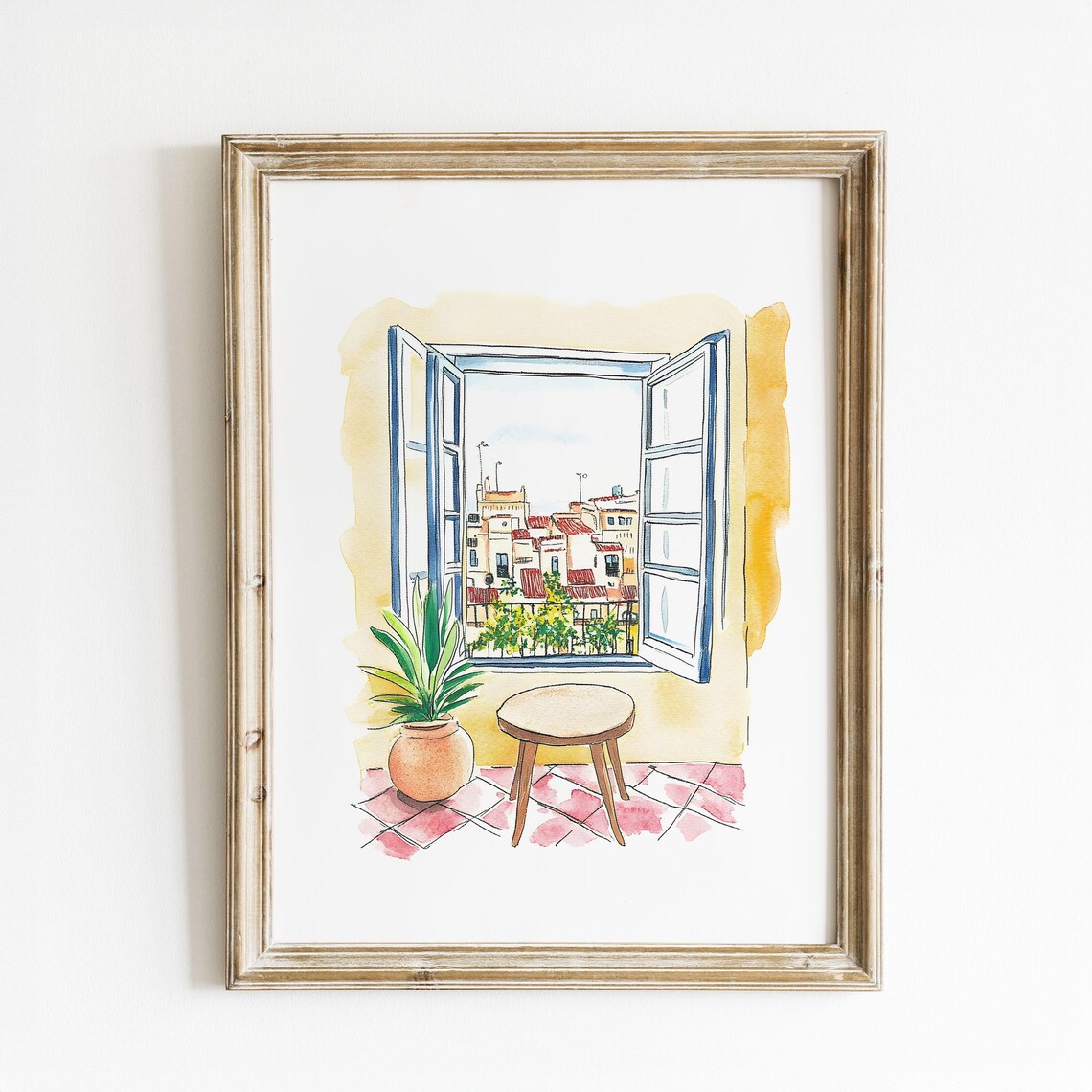 Spanish Window View Watercolor Print, Mediterranean Decor
