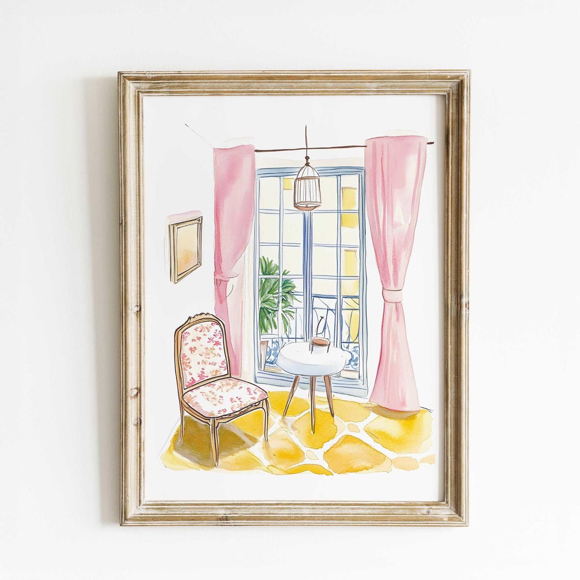 Romantic French Interior Watercolor with Pink Curtains Poster