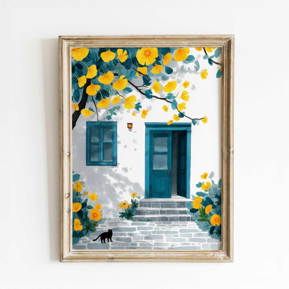 Mediterranean House With Yellow Flowers and Cat Art Print