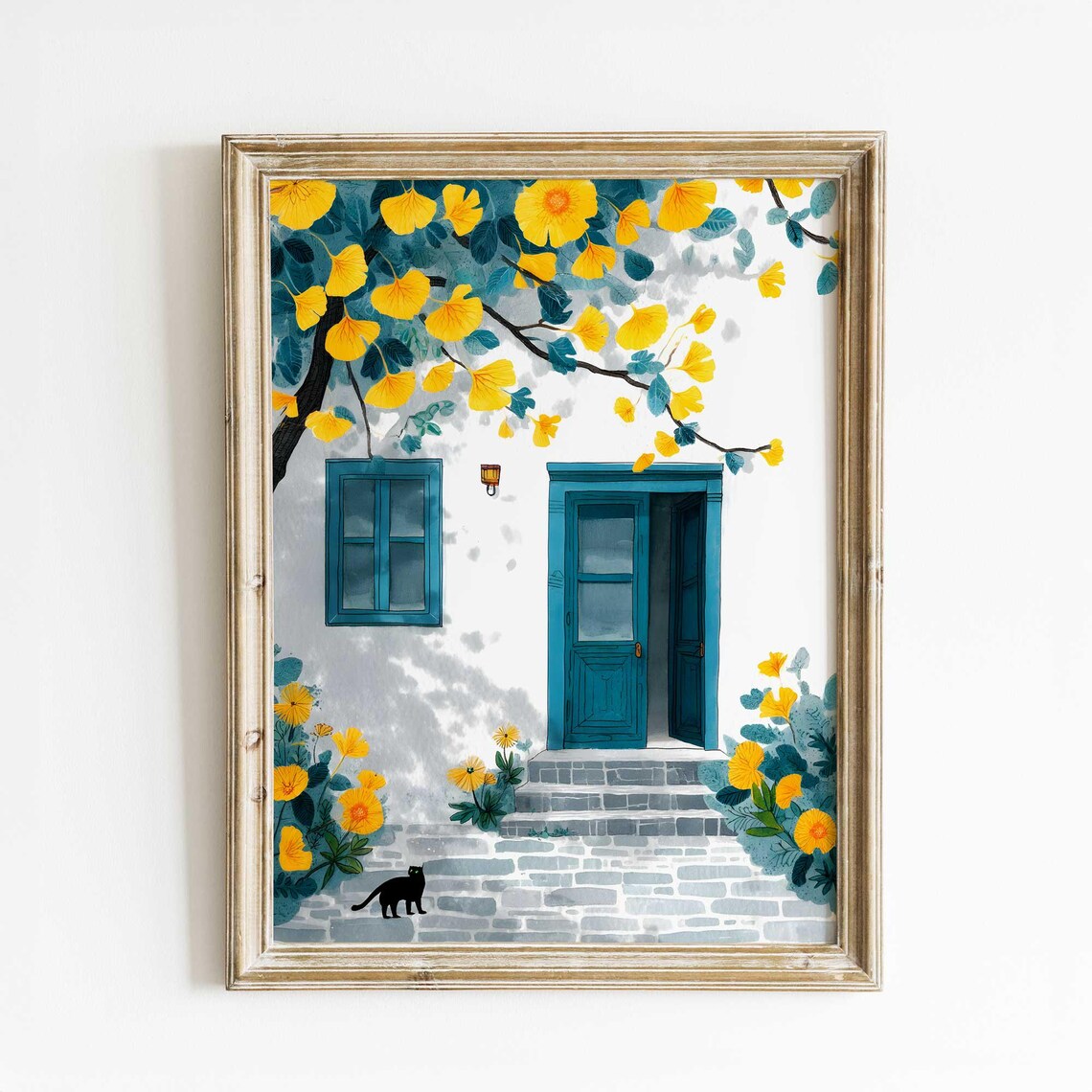 Mediterranean House With Yellow Flowers and Cat Art Print