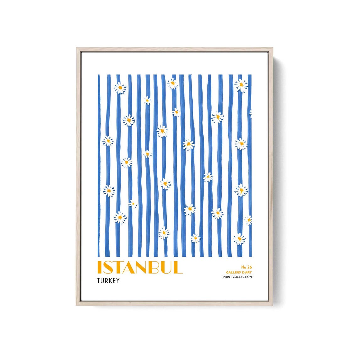 Istanbul Turkey Blue Daisy Stripes Modern Botanical Travel Poster