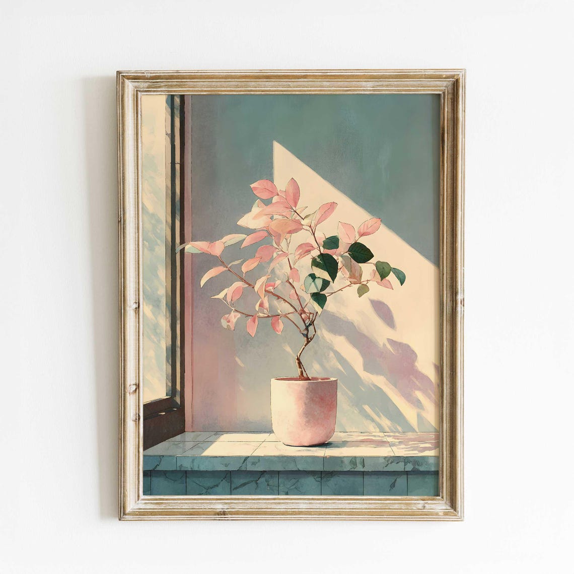 Pink Leaf Potted Plant in Sunlit Window Watercolor Botanical Poster