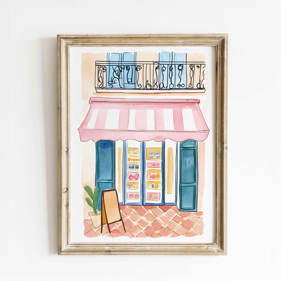 Paris Bakery Watercolor Art Print, French Cafe Scene