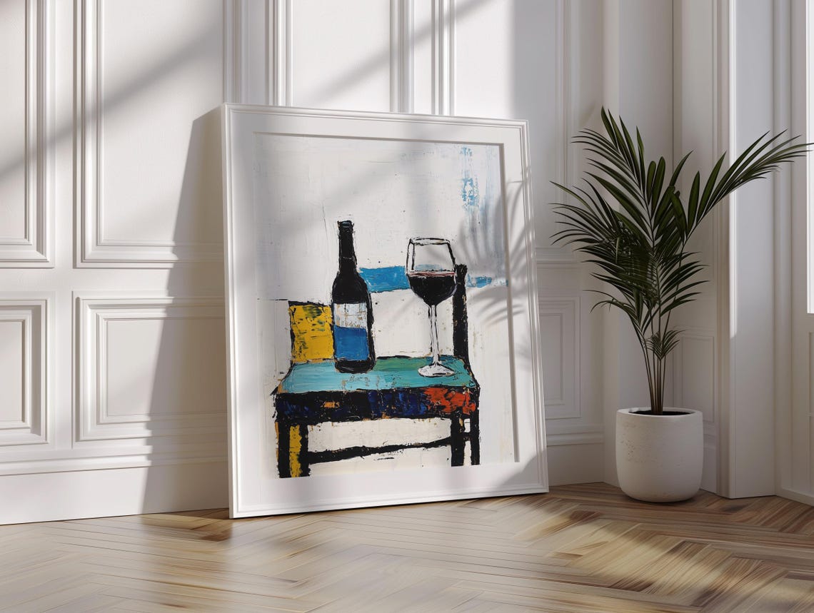 Wine Bottle and Glass Abstract Oil Painting Still Life Poster - Image 2