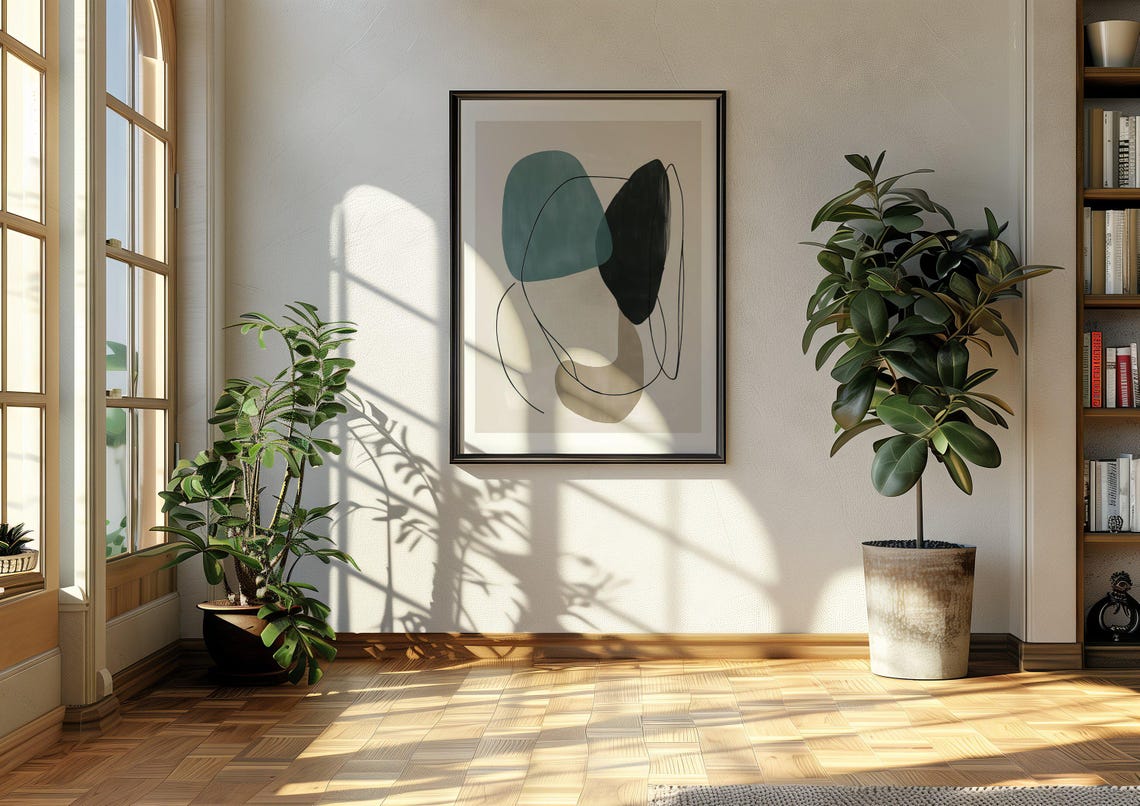 Teal Black and Taupe Organic Shapes Minimalist Line Abstract Poster - Image 2
