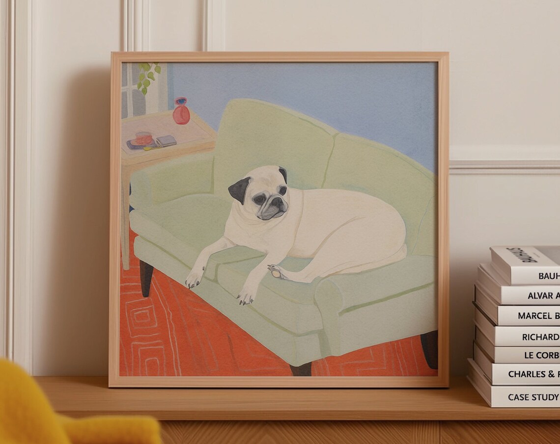 White Pug Resting on Mint Armchair Poster with Coral Rug Detail