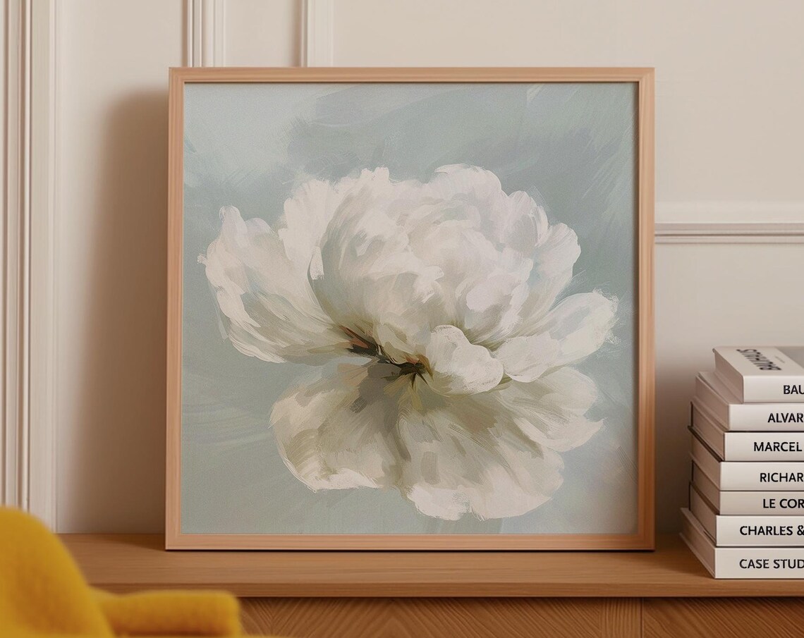 White Peony Side View on Pale Sage Blue Soft Floral Art Poster