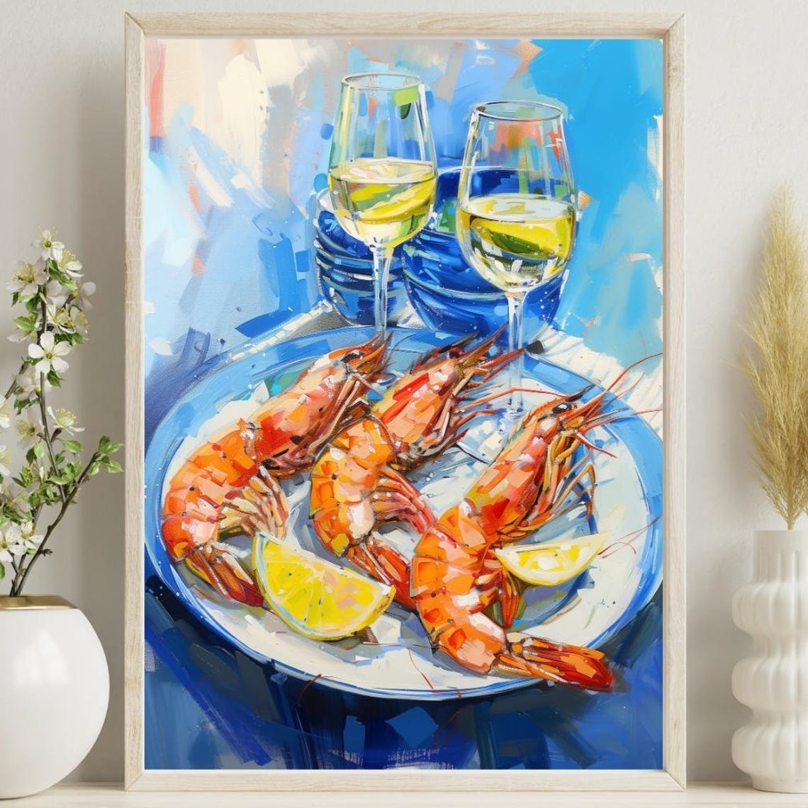 Mediterranean Prawns And Wine Art Print Coastal Dining Illustration