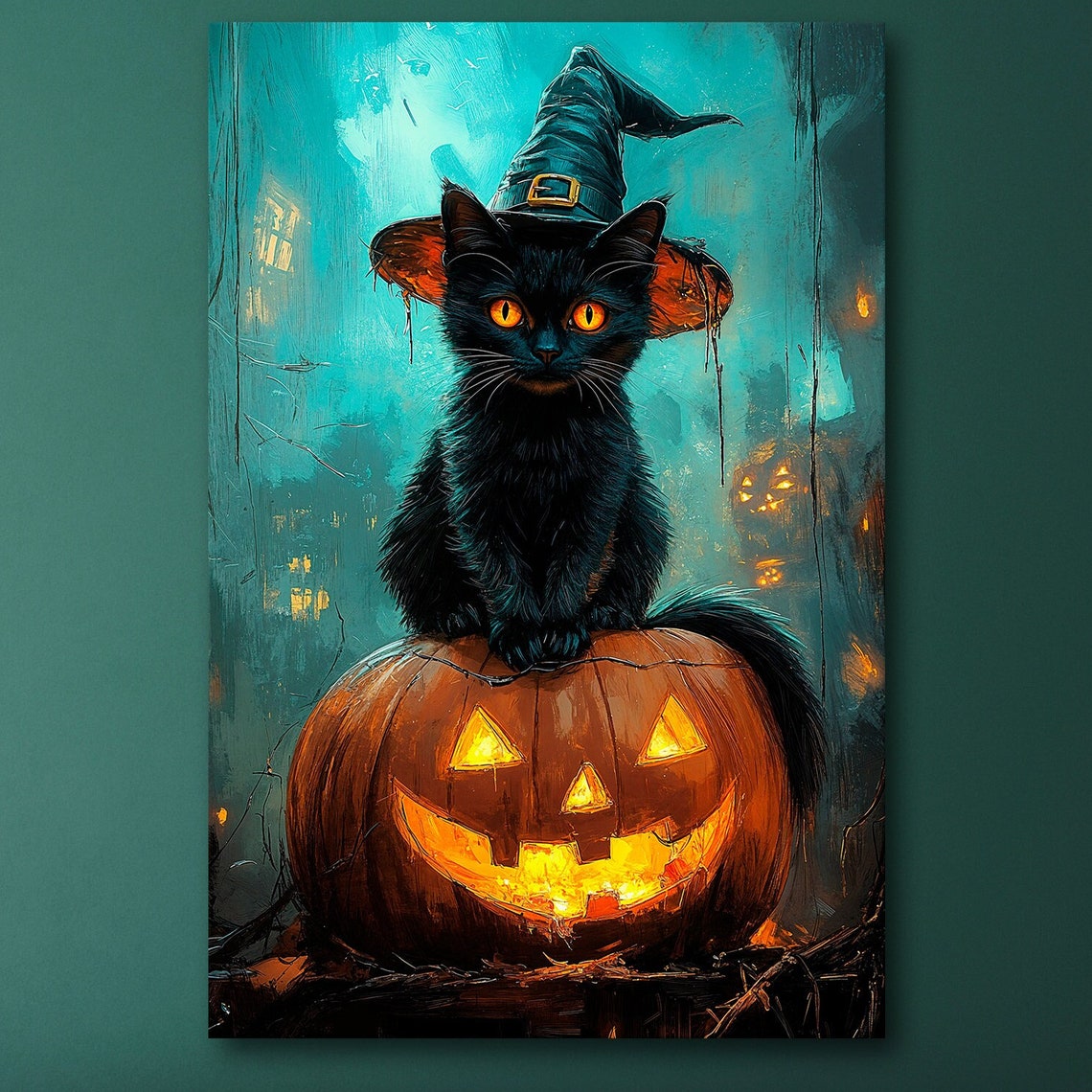 Halloween Black Cat And Witch Hat Canvas Wall Art Gothic Pumpkin Lanterns Painting Print Mystical Poster Autumn Decor Gift Ready To Hang