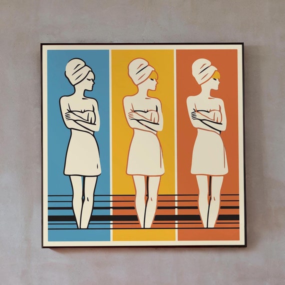 Funky Sauna Poster For Eclectic Bathroom Wall Art Of Three Women In Towels I Blue Yellow Orange Colored Pop Art Style Print I Frame Included