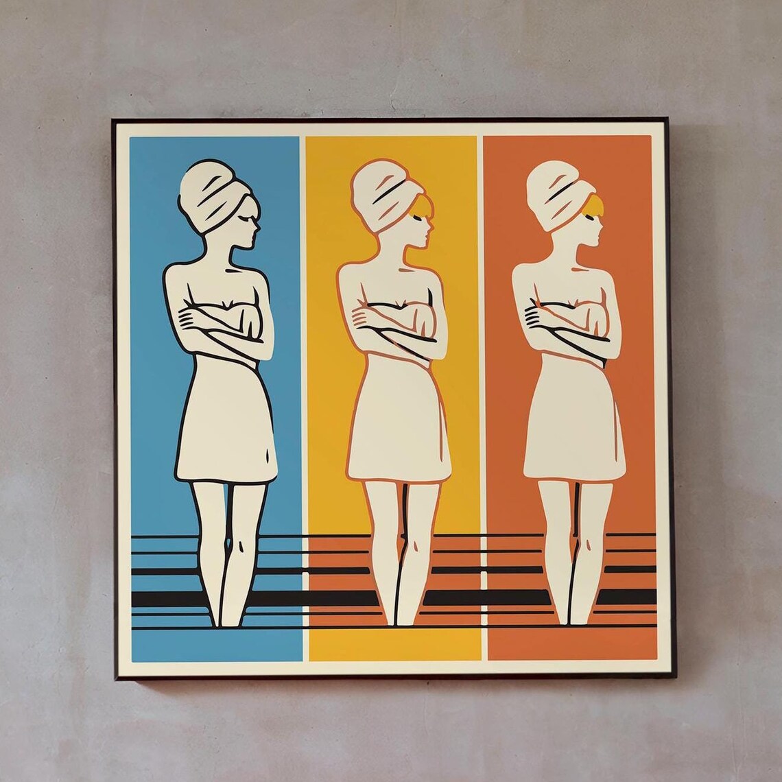 Sauna Women Pop Art Triptych Bath Turban Retro Towel Wall Poster