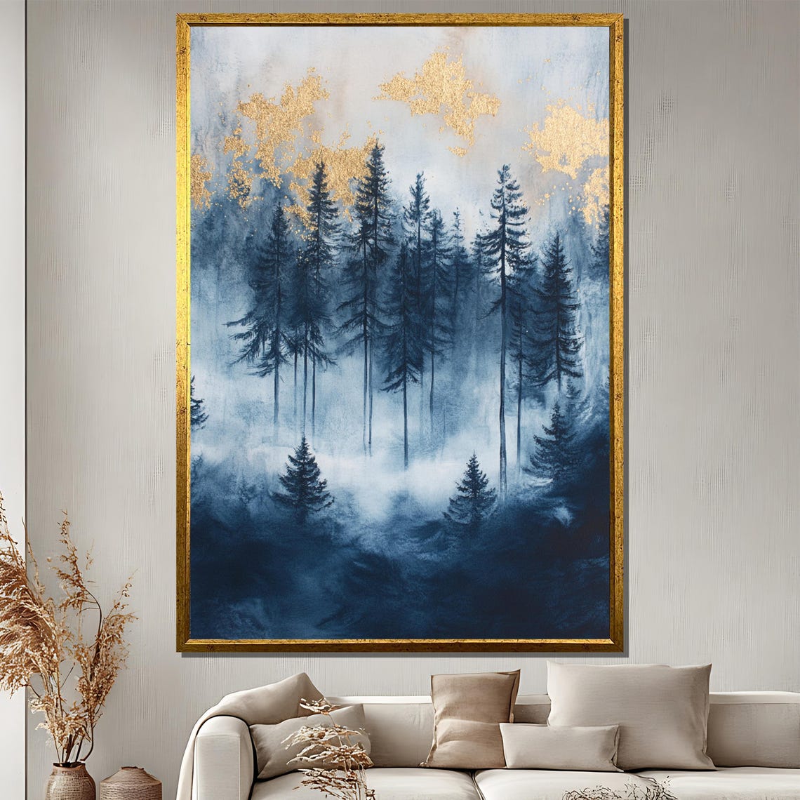 Misty Forest Painting Blue And Gold Landscape Art Serene Nature Wall Decor Elegant Gift For Home