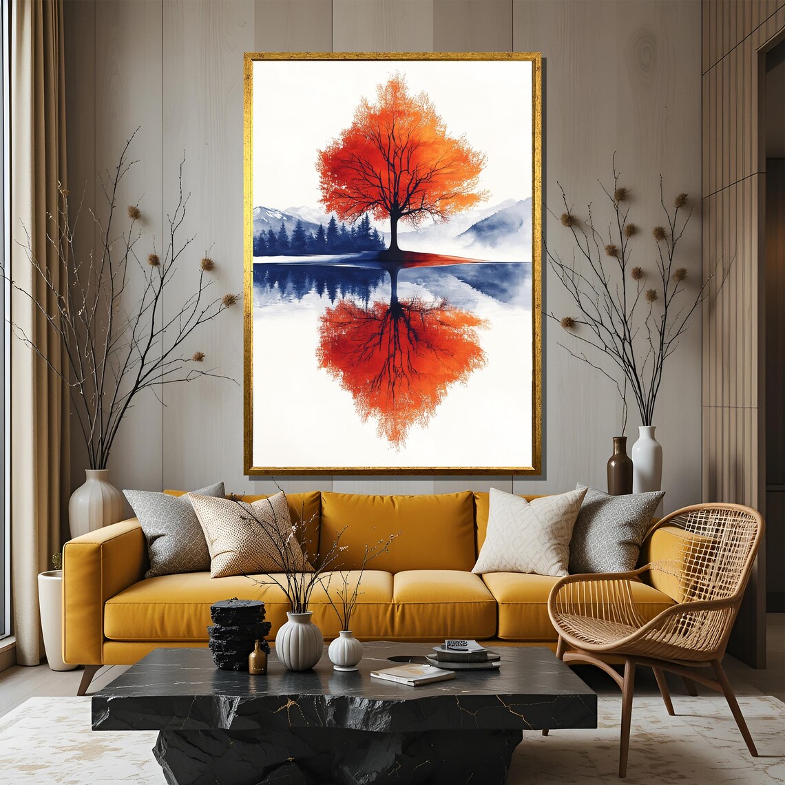 Red Tree Reflection Painting, Autumn Lake Landscape - Image 3