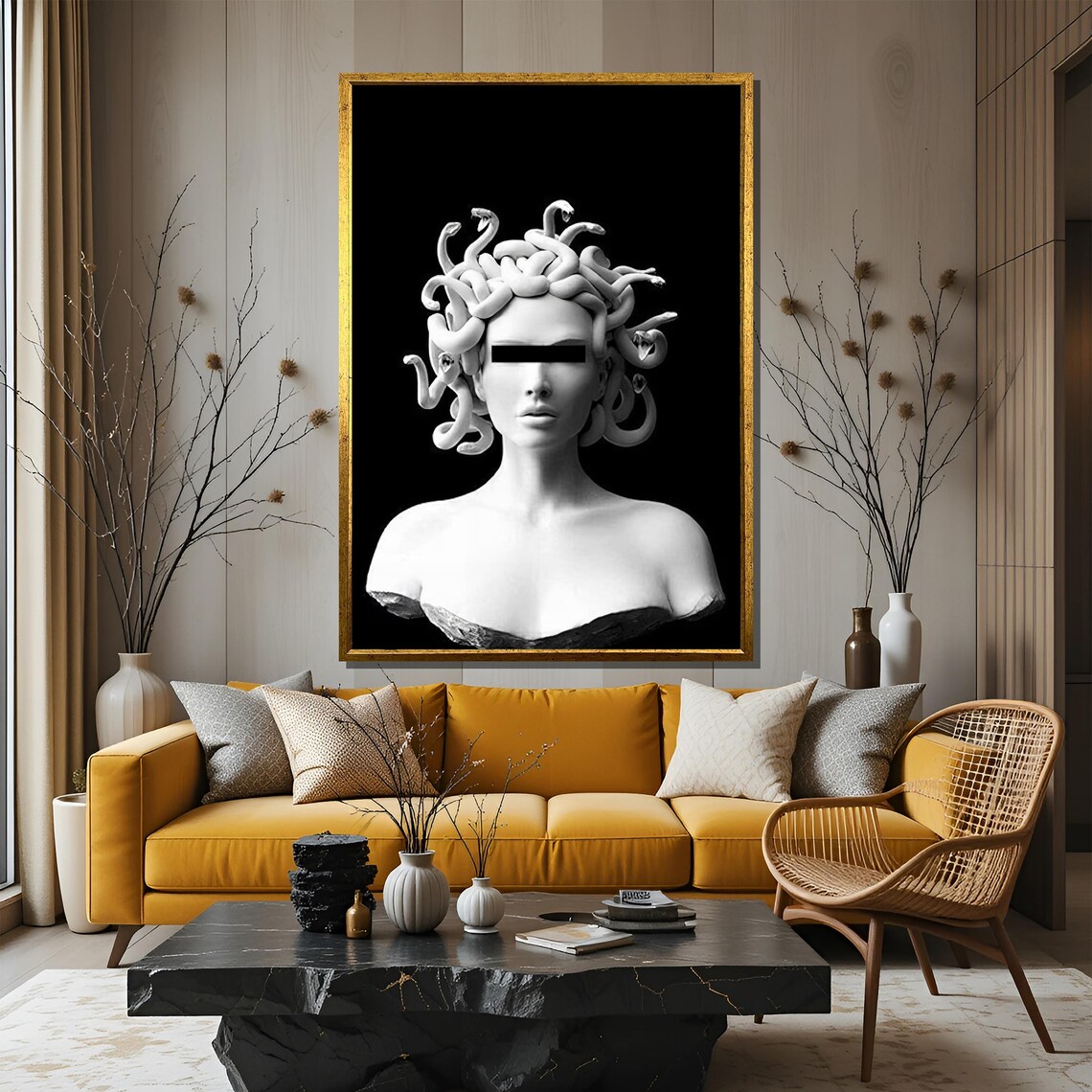 Medusa Bust Sculpture in Black and White with Covered Eyes Poster - Image 3