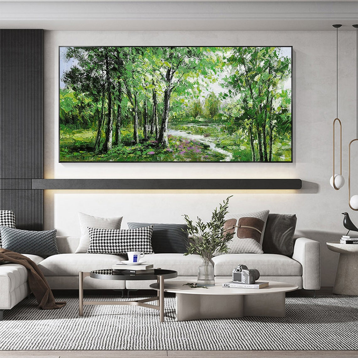 Green Birch Forest Path with Stream Panoramic Oil Painting Art Print - Image 6