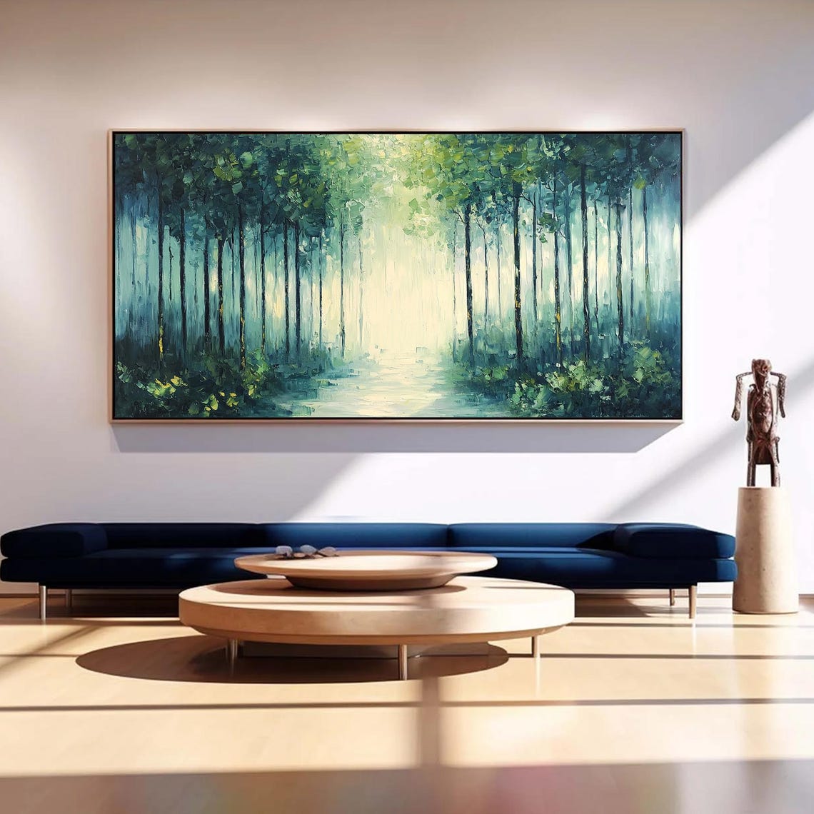 Misty Forest Path Light Beam Panoramic Oil Painting Art Print - Image 2