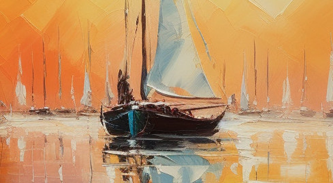 Sailboats at Sunset Calm Harbor Reflections Orange Sky Poster - Image 2