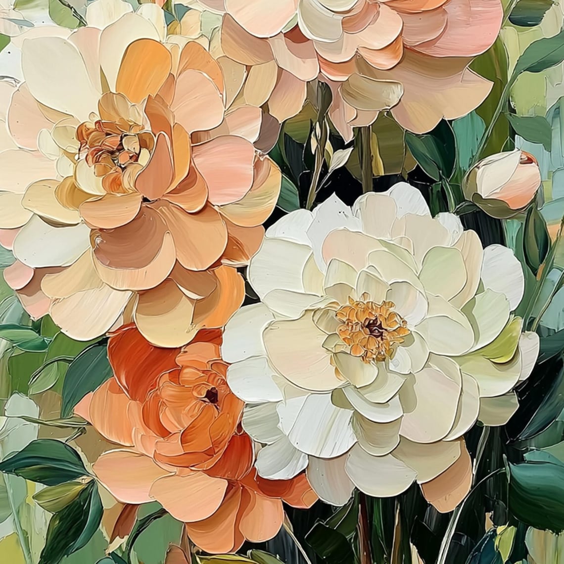 Peach White Peony Stems Garden Vertical Oil Painting Art Print - Image 4