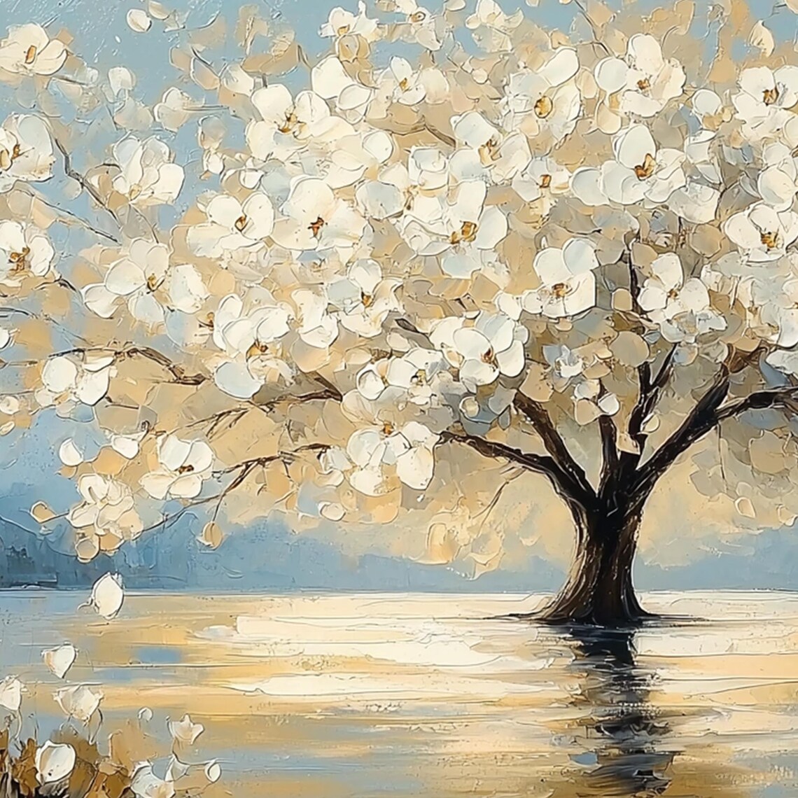 White Blossom Tree by Golden Lake Panoramic Oil Painting Art Print - Image 3