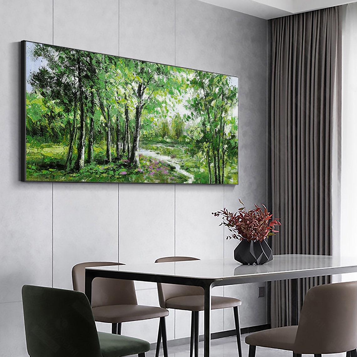 Green Birch Forest Path with Stream Panoramic Oil Painting Art Print - Image 4