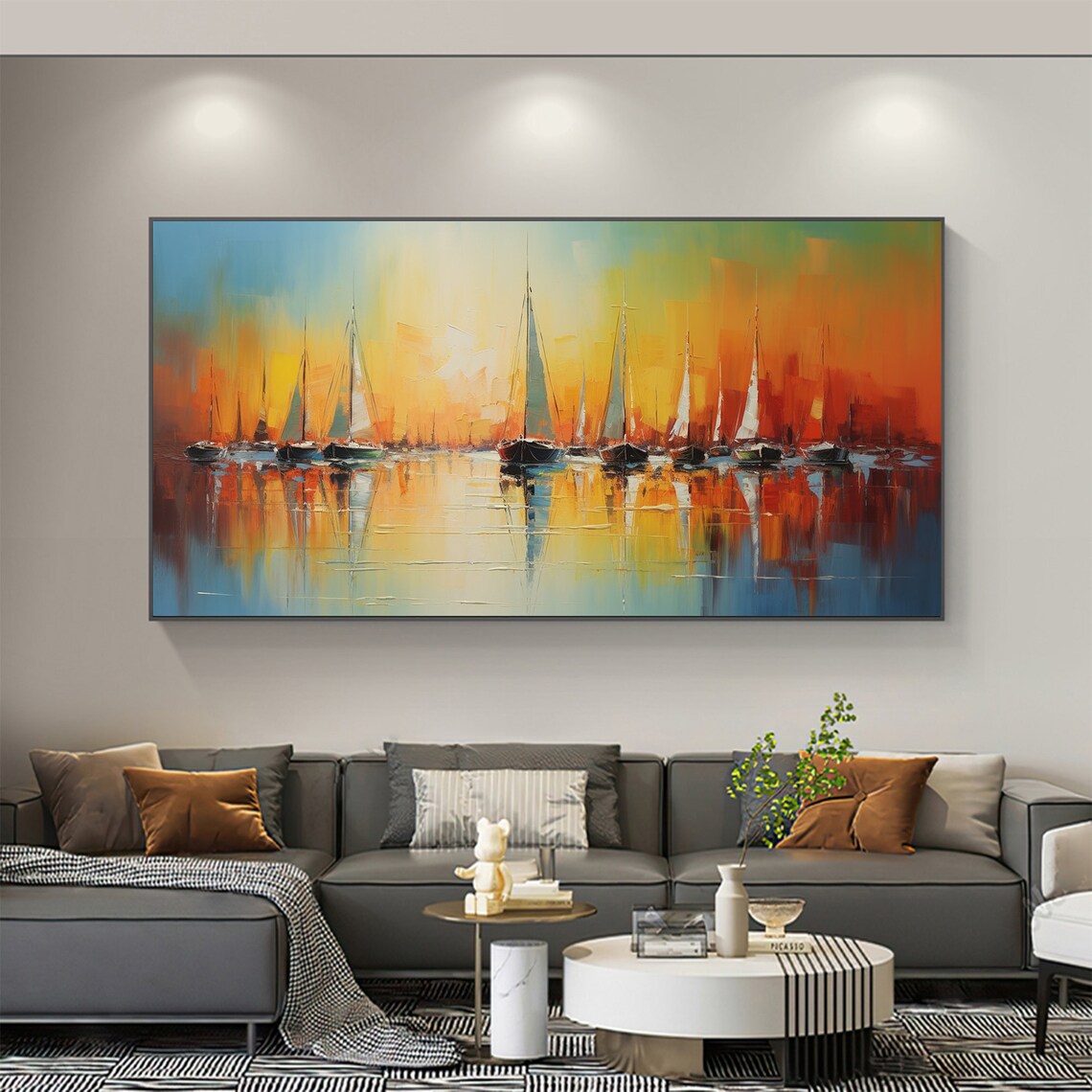 Sailboats at Sunset on Orange Sky Water Reflection Oil Poster - Image 6