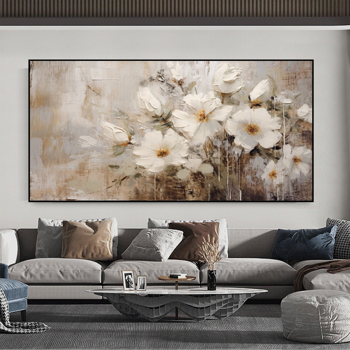 Soft White Blossoms on Beige Panoramic Oil Painting Art Print - Image 4