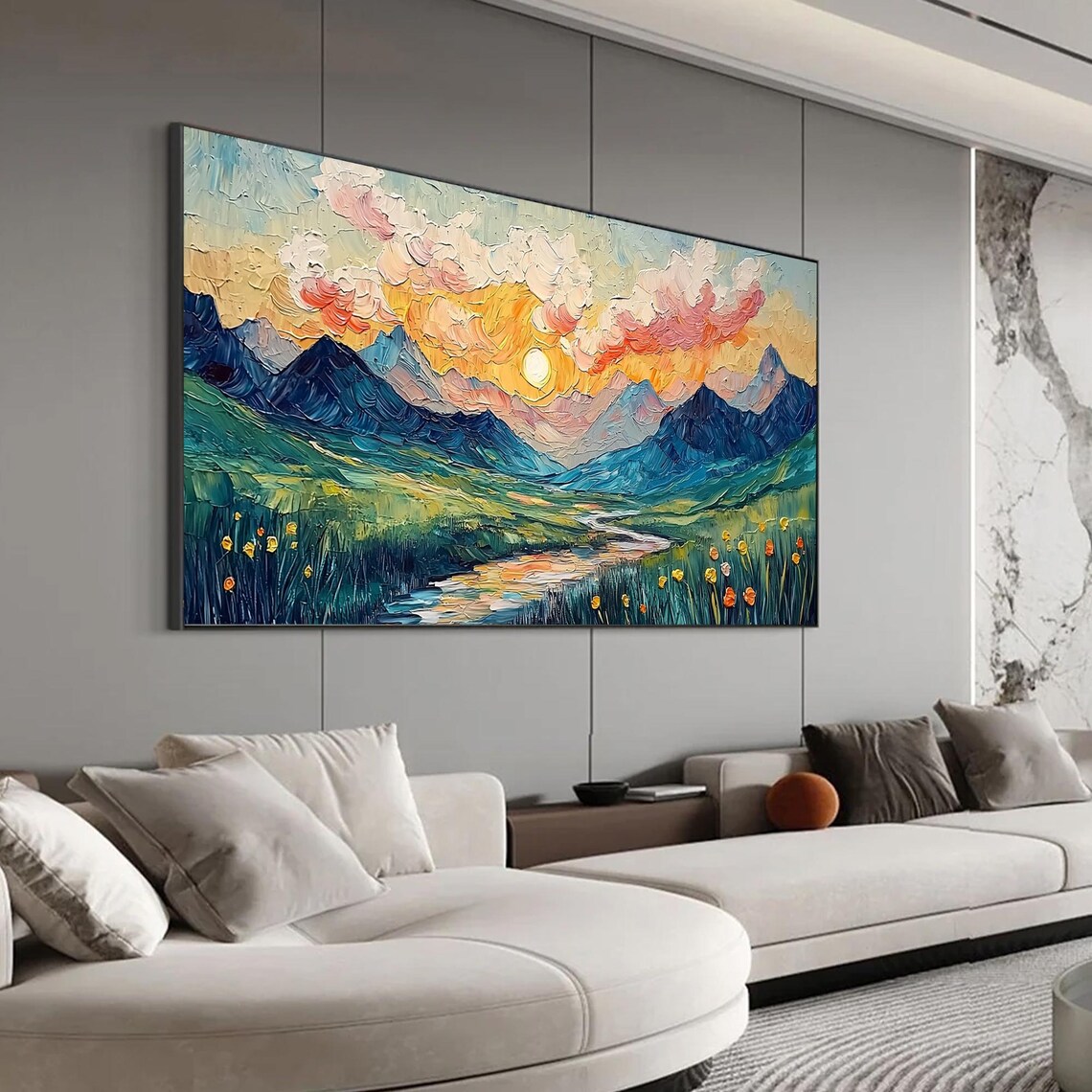 Colorful Sunset Mountain Valley River Meadow Poppy Field Poster - Image 5