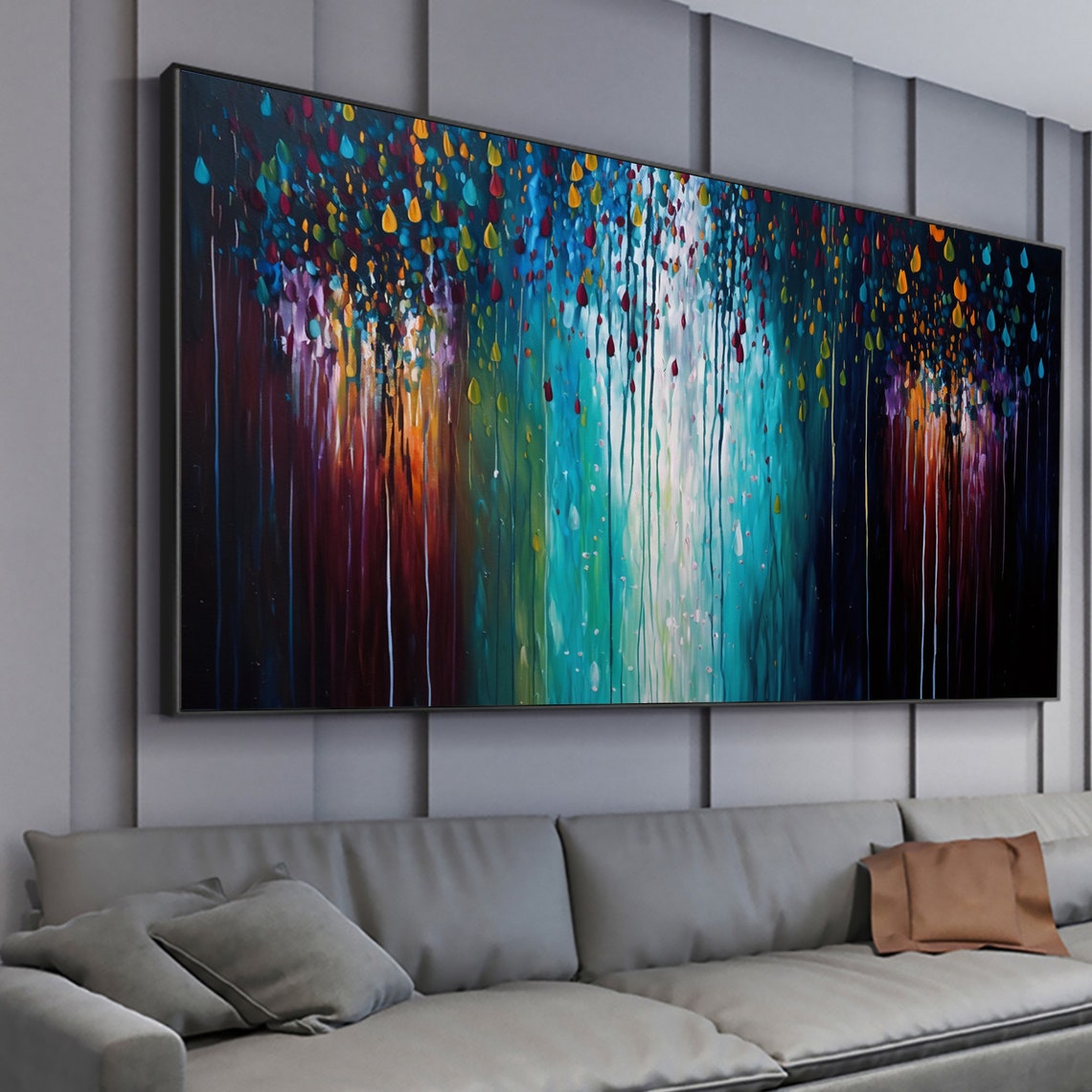 Colorful Falling Rain Abstract Panoramic Oil Painting Art Print - Image 2