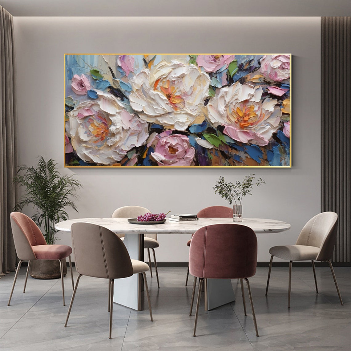 White Pink Impasto Peony Blooms Palette Knife Textured Floral Poster - Image 2