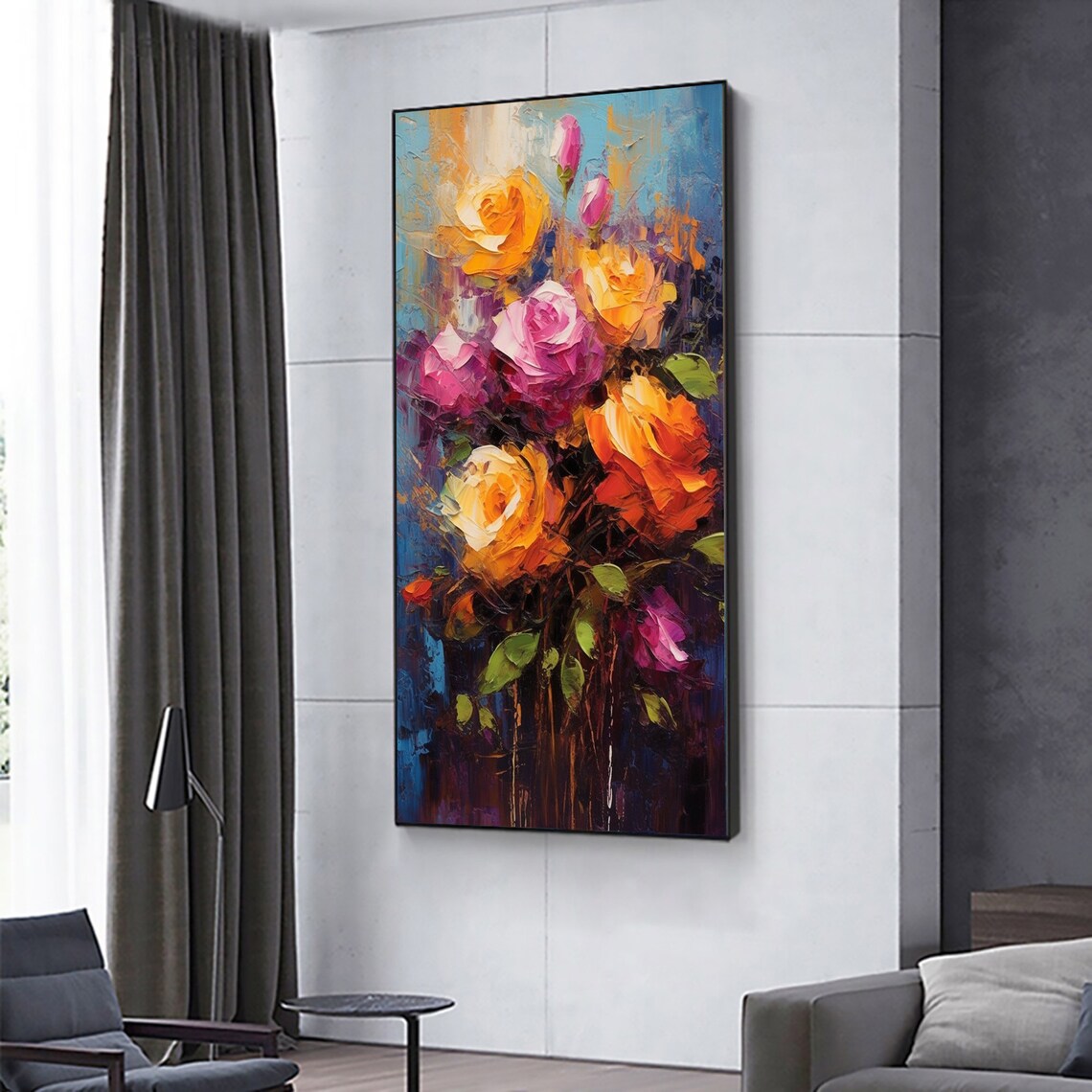Fiery Orange Pink Roses Bouquet Vertical Oil Painting Art Print - Image 3