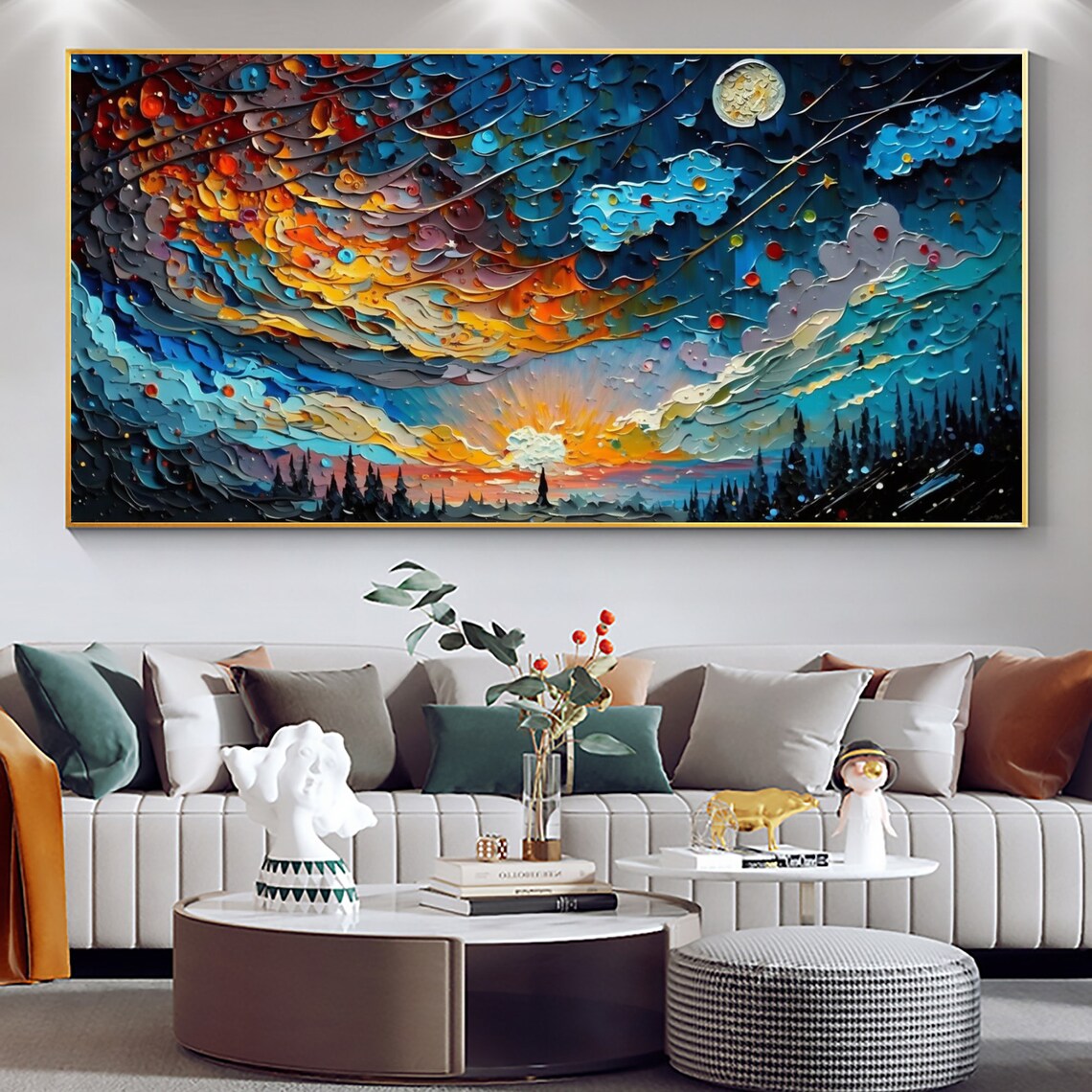 Moonlit Swirling Night Sky Over Dark Forest Sunset Impasto Oil Poster - Image 6