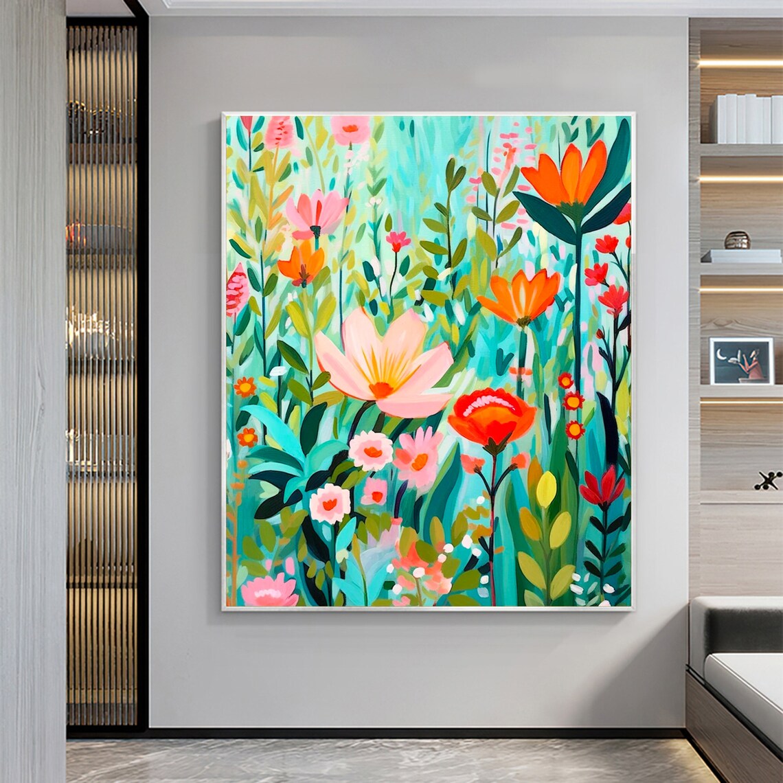 Colorful Wildflower Meadow on Teal Abstract Oil Painting Art Print - Image 6