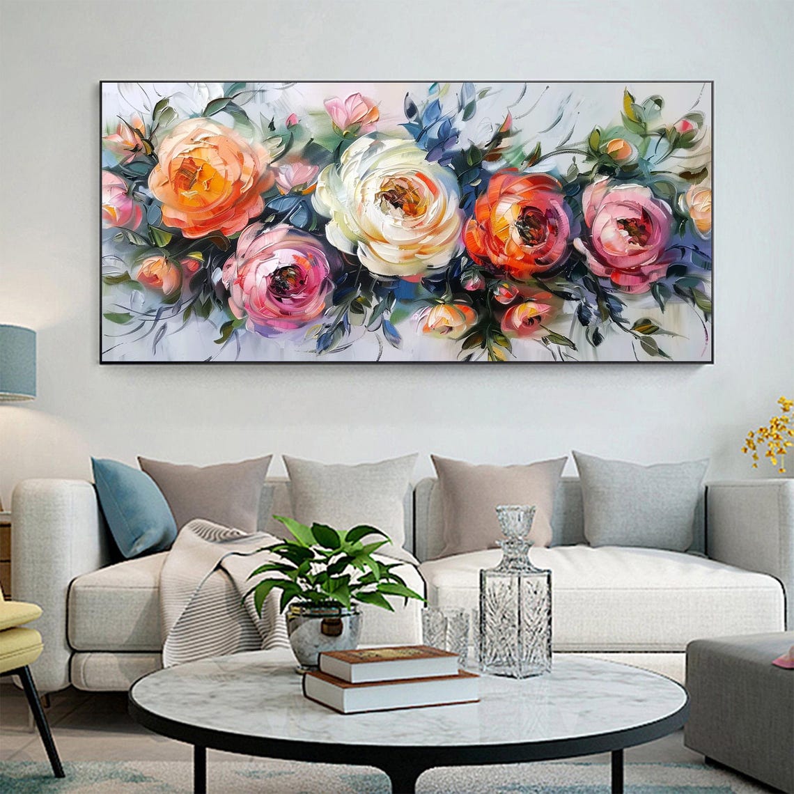 Bold Impasto Rose Bouquet on Teal Panoramic Oil Painting Art Print - Image 6