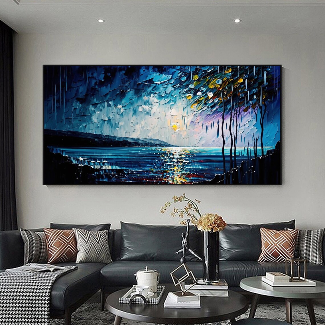 Moonlit Ocean Night with Willow Branches Oil Painting Art Print - Image 5